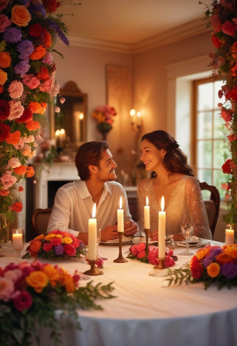 A romantic dinner setting with two candles flickering softly, creating a warm and inviting atmosphere. In the background, a couple shares a laugh, surrounded by vibrant flowers and intricate decorations symbolizing love and commitment. The scene captures the essence of courtship and the transition to a deeper connection, emphasizing warmth and intimacy. soft-focus. vibrant colors. 3D.