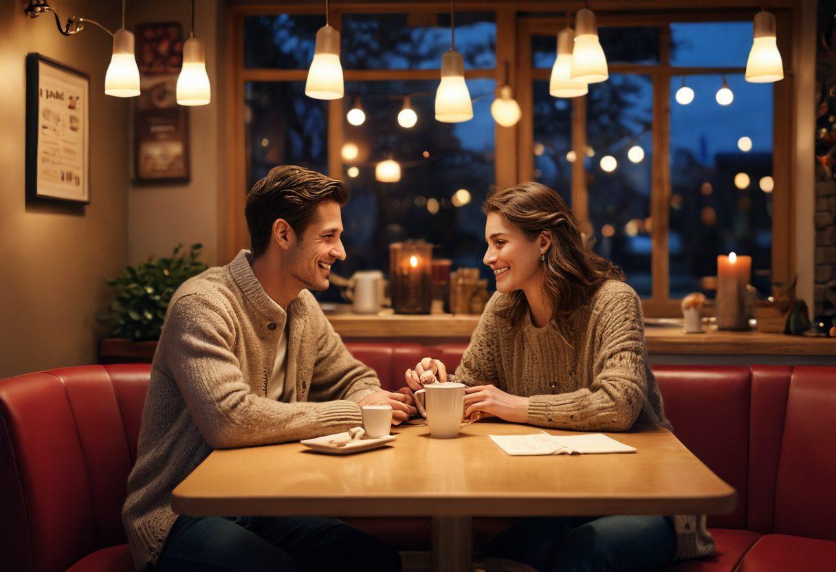 A couple sitting together in a cozy café, sharing a heartfelt conversation over coffee, surrounded by soft lighting and warm colors. Elements like intertwined hands, soft smiles, and a backdrop of love letters and heart-shaped decorations subtly hint at romance and connection. Incorporate a symbolic key and lock motif in the design to represent unlocking secrets of love. super-realistic. warm tones. cozy ambiance.