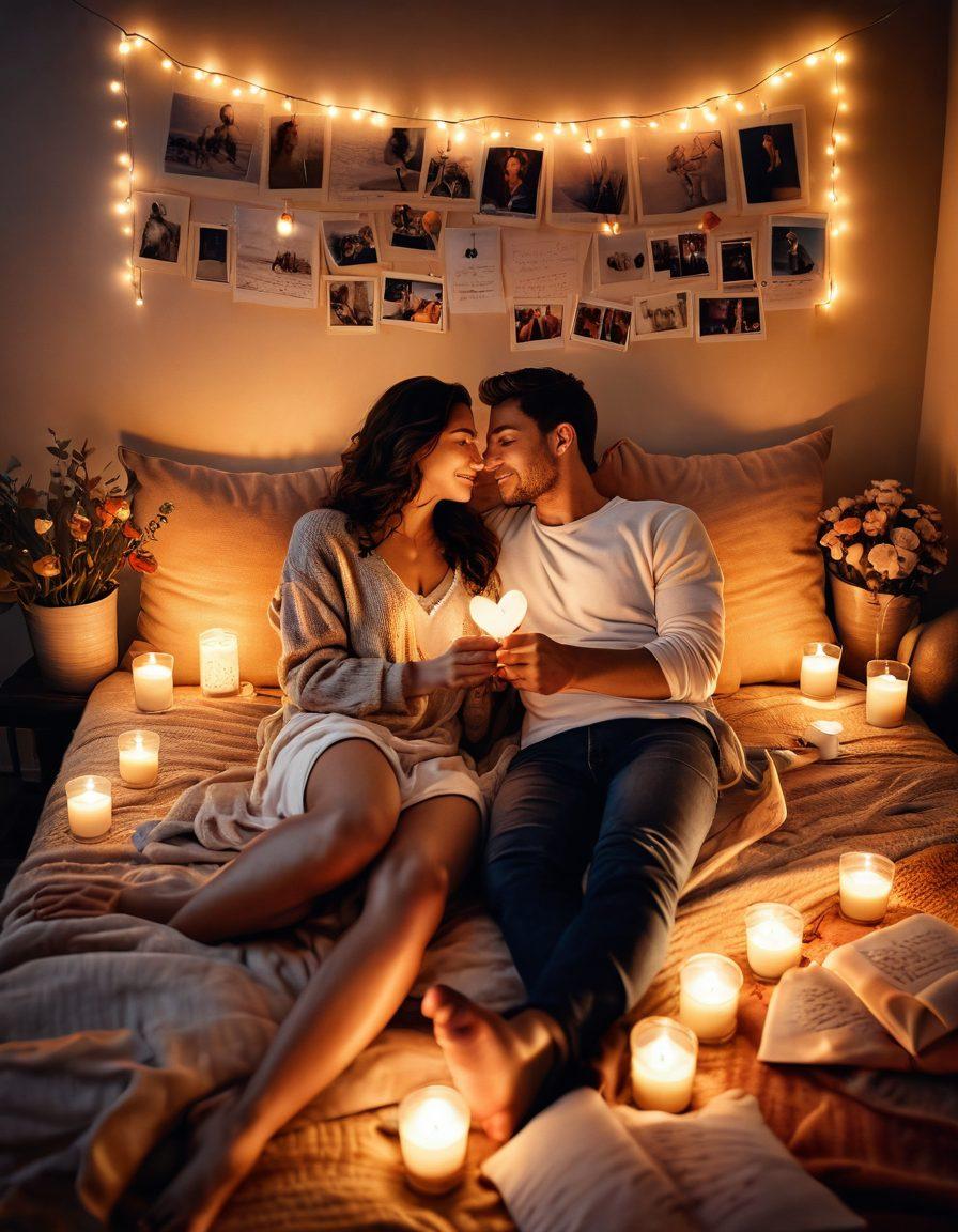 A romantic scene showcasing a couple enjoying a cozy evening together, surrounded by candles, soft pillows, and warm colors. In the background, there are handwritten love notes and a heart-shaped photo collage that reflects their journey. The atmosphere should evoke warmth, connection, and intimacy, emphasizing emotional bonds. super-realistic. warm colors. soft lighting.